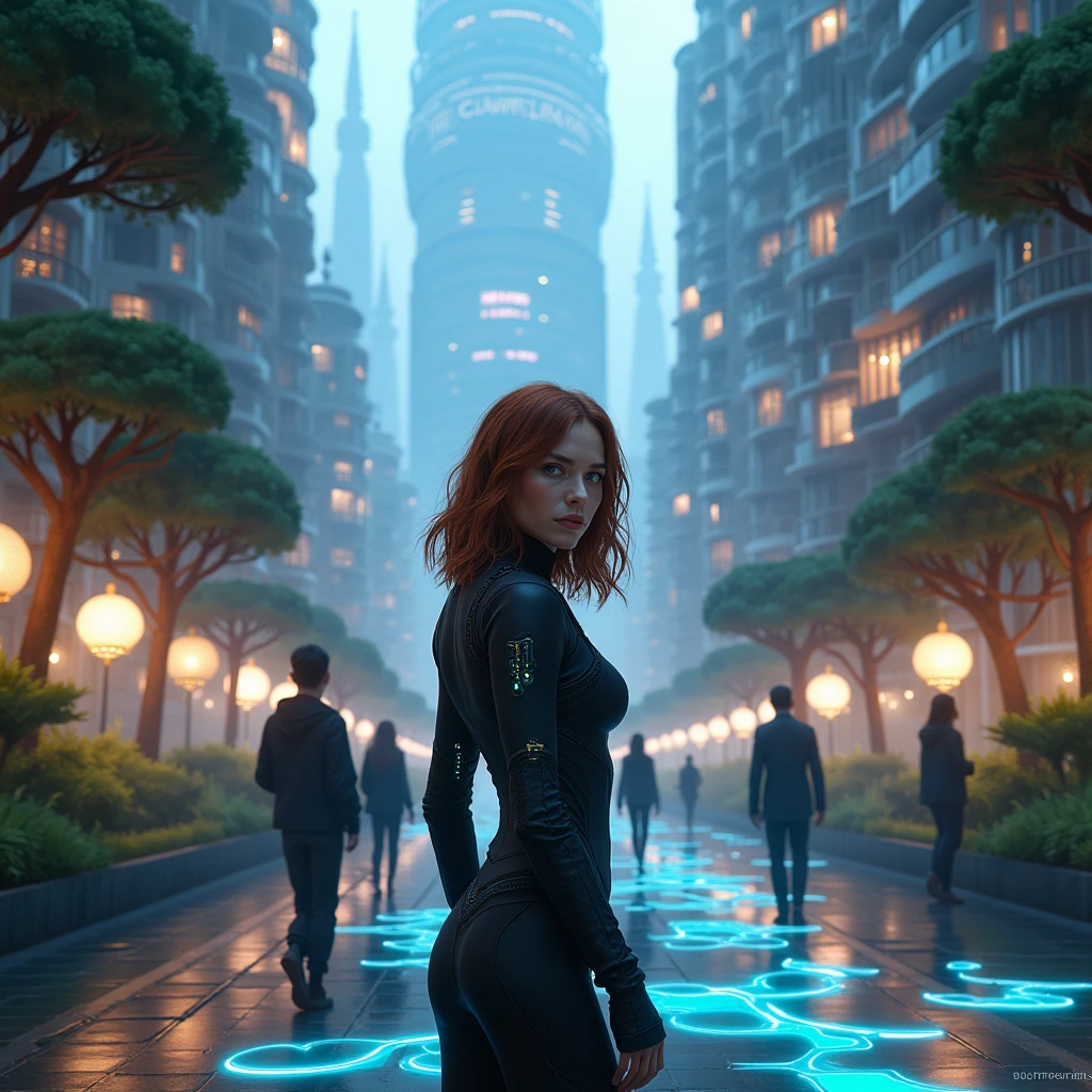 Depict Emma as she steps into the heart of the virtual city, now fully immersed in this futuristic world. Emma is a thoughtful and determined young woman with shoulder-length, wavy auburn hair, piercing blue eyes, and a confident posture. She wears a sleek, dark outfit with subtle, glowing circuits, hinting at her connection to the virtual world. Her appearance should be highly photorealistic, resembling a real human rather than a stylized character—every detail of her face, skin texture, and hair should reflect the level of realism found in high-quality portrait photography.
Show Emma interacting with the environment, perhaps touching a surface that responds by shifting color or texture. The streets are a mix of glowing pathways and organic growth, with trees and plants seamlessly integrated into the architecture. Buildings rise like organic structures, their surfaces shifting patterns as Emma walks by, reacting to her presence. Surrounding her are other inhabitants—humans and virtual beings—moving with purpose but shrouded in mystery. The city’s ambient lighting casts soft glows and shadows, highlighting the organic and technological elements coexisting in harmony. In the background, a massive, pulsating structure towers over the cityscape, representing the simulation’s core—a place Emma feels drawn to, though its purpose remains unclear.
The atmosphere should mix curiosity with a subtle undercurrent of unease as Emma senses the deeper, more complex layers of this world. The design should emphasize the fluidity between the organic and synthetic, with no clear boundaries. This chapter builds tension, reflecting Emma’s journey deeper into the simulation and her growing awareness of its complexities.
Maintain consistency in Emma’s appearance, emphasizing her unique blend of determination and curiosity. The image should be epic and immersive, with an emphasis on hyper-realistic details and the complexity of Emma Appearance and technological elements.