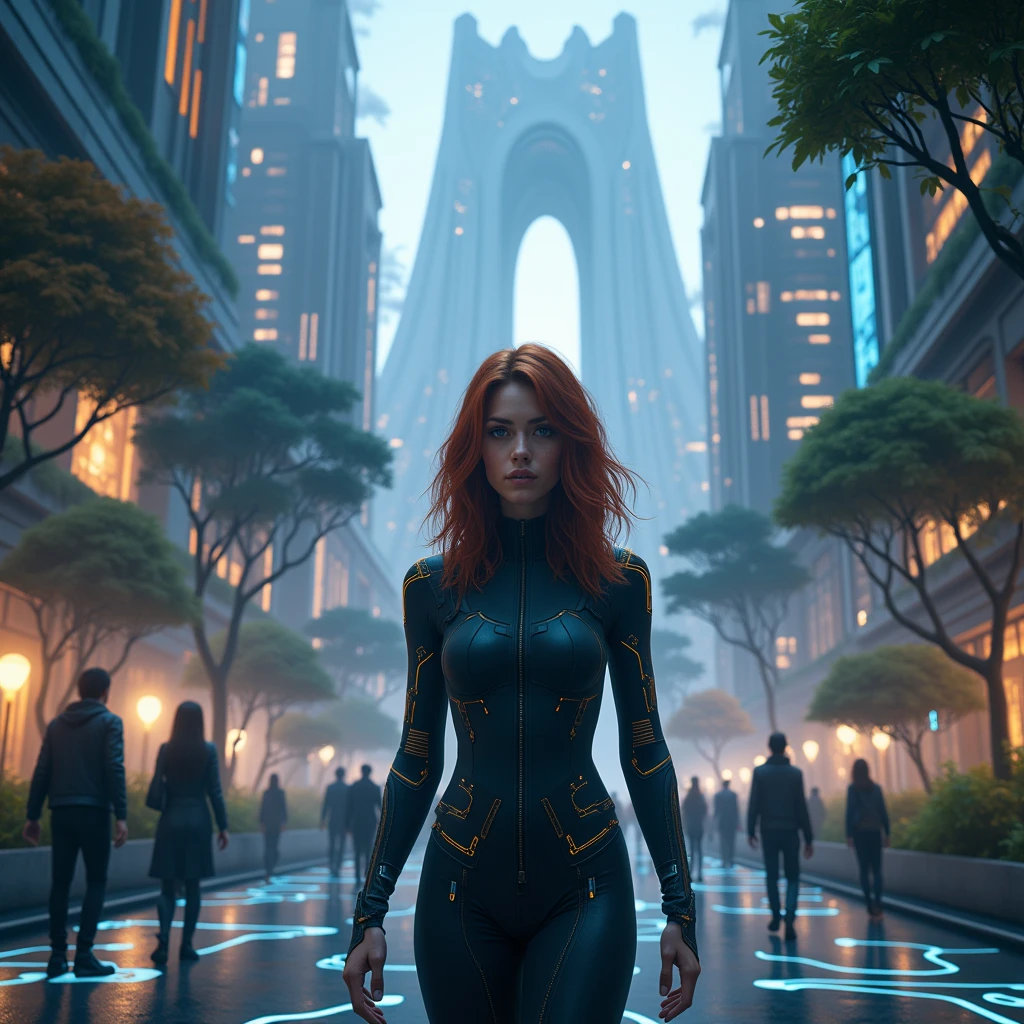 Depict Emma as she steps into the heart of the virtual city, now fully immersed in this futuristic world. Emma is a thoughtful and determined young woman with shoulder-length, wavy auburn hair, piercing blue eyes, and a confident posture. She wears a sleek, dark outfit with subtle, glowing circuits, hinting at her connection to the virtual world. Her appearance should be highly photorealistic, resembling a real human rather than a stylized character—every detail of her face, skin texture, and hair should reflect the level of realism found in high-quality portrait photography.

Show Emma interacting with the environment, perhaps touching a surface that responds by shifting color or texture. The streets are a mix of glowing pathways and organic growth, with trees and plants seamlessly integrated into the architecture. Buildings rise like organic structures, their surfaces shifting patterns as Emma walks by, reacting to her presence. Surrounding her are other inhabitants—humans and virtual beings—moving with purpose but shrouded in mystery. The city’s ambient lighting casts soft glows and shadows, highlighting the organic and technological elements coexisting in harmony. In the background, a massive, pulsating structure towers over the cityscape, representing the simulation’s core—a place Emma feels drawn to, though its purpose remains unclear.

The atmosphere should mix curiosity with a subtle undercurrent of unease as Emma senses the deeper, more complex layers of this world. The design should emphasize the fluidity between the organic and synthetic, with no clear boundaries. This chapter builds tension, reflecting Emma’s journey deeper into the simulation and her growing awareness of its complexities.

Maintain consistency in Emma’s appearance, emphasizing her unique blend of determination and curiosity. The image should be epic and immersive, with an emphasis on hyper-realistic details and the complexity of Emma Appearance and technological elements.



