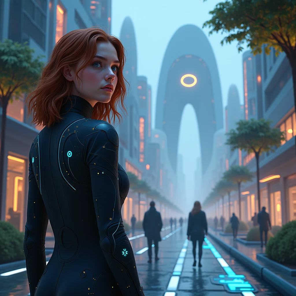 Depict Emma as she steps into the heart of the virtual city, now fully immersed in this futuristic world. Emma is a thoughtful and determined young woman with shoulder-length, wavy auburn hair, piercing blue eyes, and a confident posture. She wears a sleek, dark outfit with subtle, glowing circuits, hinting at her connection to the virtual world. Her appearance should be highly photorealistic, resembling a real human rather than a stylized character—every detail of her face, skin texture, and hair should reflect the level of realism found in high-quality portrait photography.

Show Emma interacting with the environment, perhaps touching a surface that responds by shifting color or texture. The streets are a mix of glowing pathways and organic growth, with trees and plants seamlessly integrated into the architecture. Buildings rise like organic structures, their surfaces shifting patterns as Emma walks by, reacting to her presence. Surrounding her are other inhabitants—humans and virtual beings—moving with purpose but shrouded in mystery. The city’s ambient lighting casts soft glows and shadows, highlighting the organic and technological elements coexisting in harmony. In the background, a massive, pulsating structure towers over the cityscape, representing the simulation’s core—a place Emma feels drawn to, though its purpose remains unclear.

The atmosphere should mix curiosity with a subtle undercurrent of unease as Emma senses the deeper, more complex layers of this world. The design should emphasize the fluidity between the organic and synthetic, with no clear boundaries. This chapter builds tension, reflecting Emma’s journey deeper into the simulation and her growing awareness of its complexities.

Maintain consistency in Emma’s appearance, emphasizing her unique blend of determination and curiosity. The image should be epic and immersive, with an emphasis on hyper-realistic details and the complexity of Emma Appearance and technological elements.



