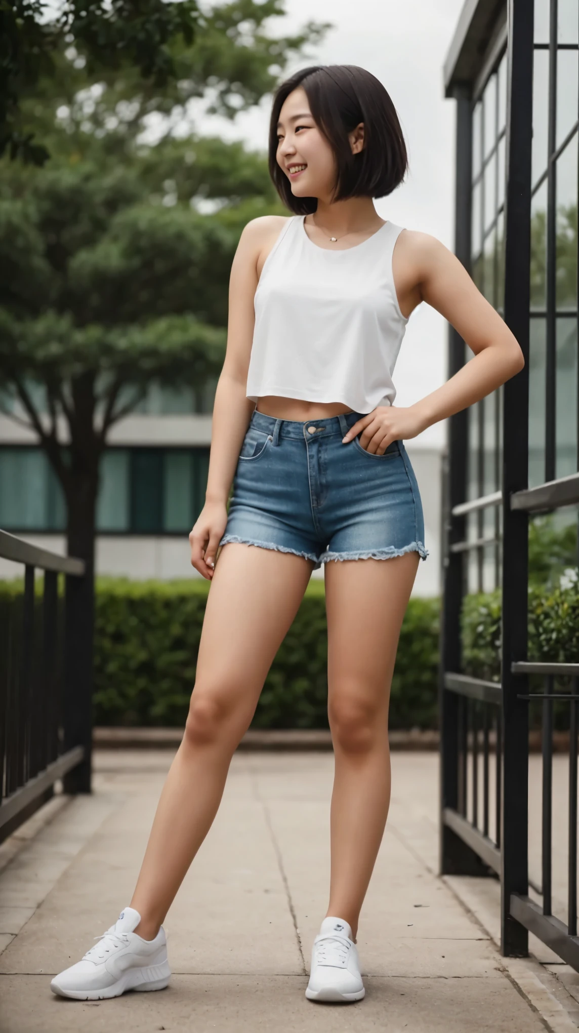 (Multiple-angles half-body shot of 17 yo of South Korean descendant), one shot full body, full body portrait, full body shot of 1girl, laughter, sweet laugh, K-Idol material, magazine model, side-swept short hair with locks, half-body profile, BREAK, wearing tank top,wearing hot pants, sneakers, BREAK, facing front, facial hyper detailings, absurdres, high res, ultrasharp, 8K, professional photograph, award-winning portrait, masterpiece, symmetrical, Nikon D850, 85mm lens, f/1.8, depth of field,