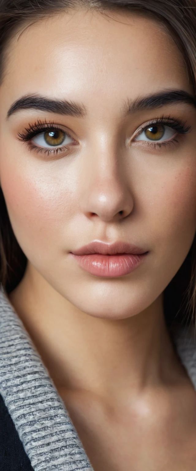 (8K, HDR, highres), ((((Photography, RAW photo, hyperrealism, masterpiece, best quality, ultra highres)))), (pin light, back light, backlighting, cinematic light), sharp focus:1. 4, (hyper detail, finely detailed), face close-up, close-up,, 1girl, Egg-shaped face with cat-like eyes, small and plump lips, straight and cute nose, slightly blushing cheekbones, thick eyebrows and long and pretty eyelashes.