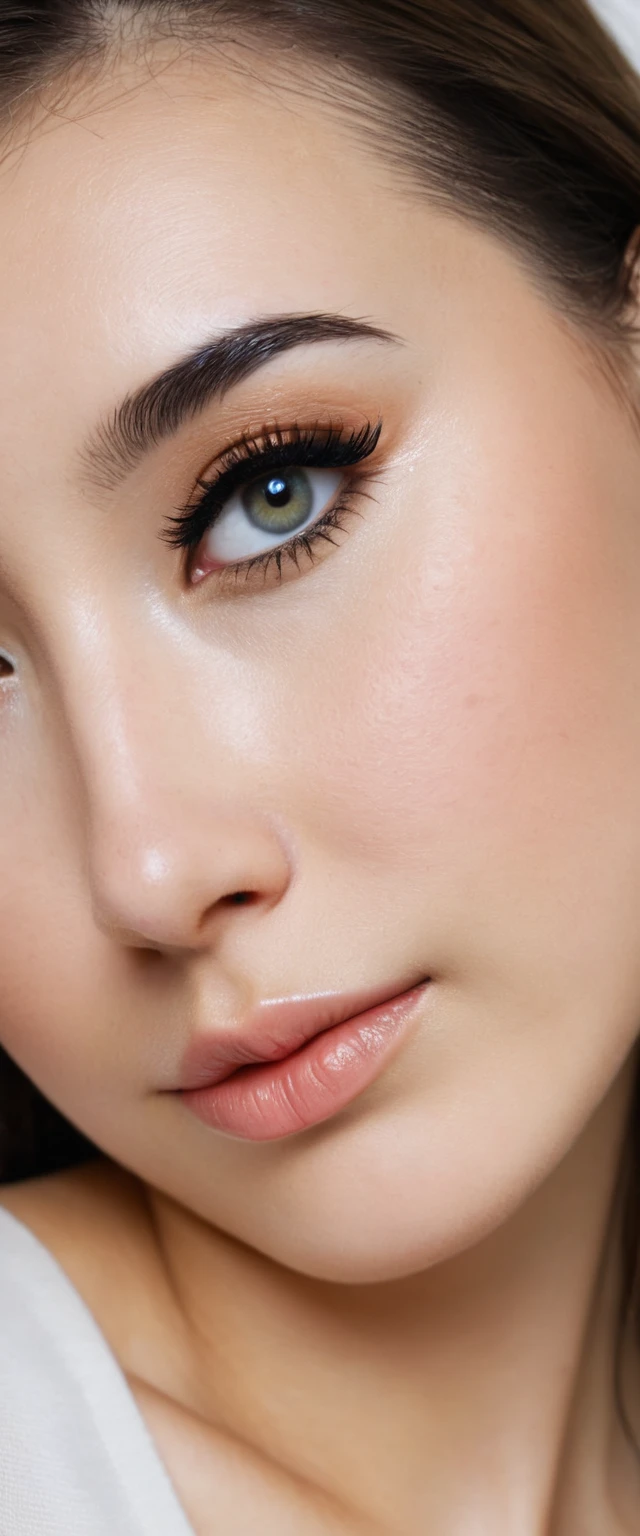 (8K, HDR, highres), ((((Photography, RAW photo, hyperrealism, masterpiece, best quality, ultra highres)))), (pin light, back light, backlighting, cinematic light), sharp focus:1. 4, (hyper detail, finely detailed), face close-up, close-up,, 1girl, Egg-shaped face with cat-like eyes, small and plump lips, straight and cute nose, slightly blushing cheekbones, thick eyebrows and long and pretty eyelashes.