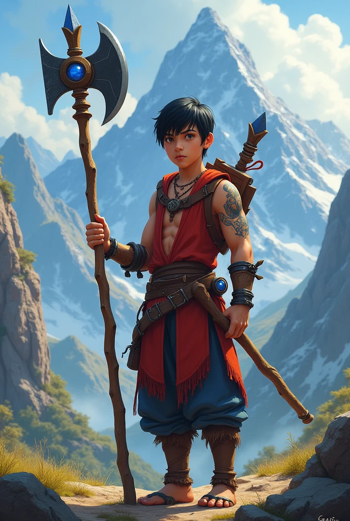 Young man with fair skin, light brown eyes, straight, straight black hair, tribal tattoo on his right arm, red and blue clothes, a 60-centimeter wooden staff with a blue orb on both ends, a 35-centimeter axe with a black blade, but mountains 