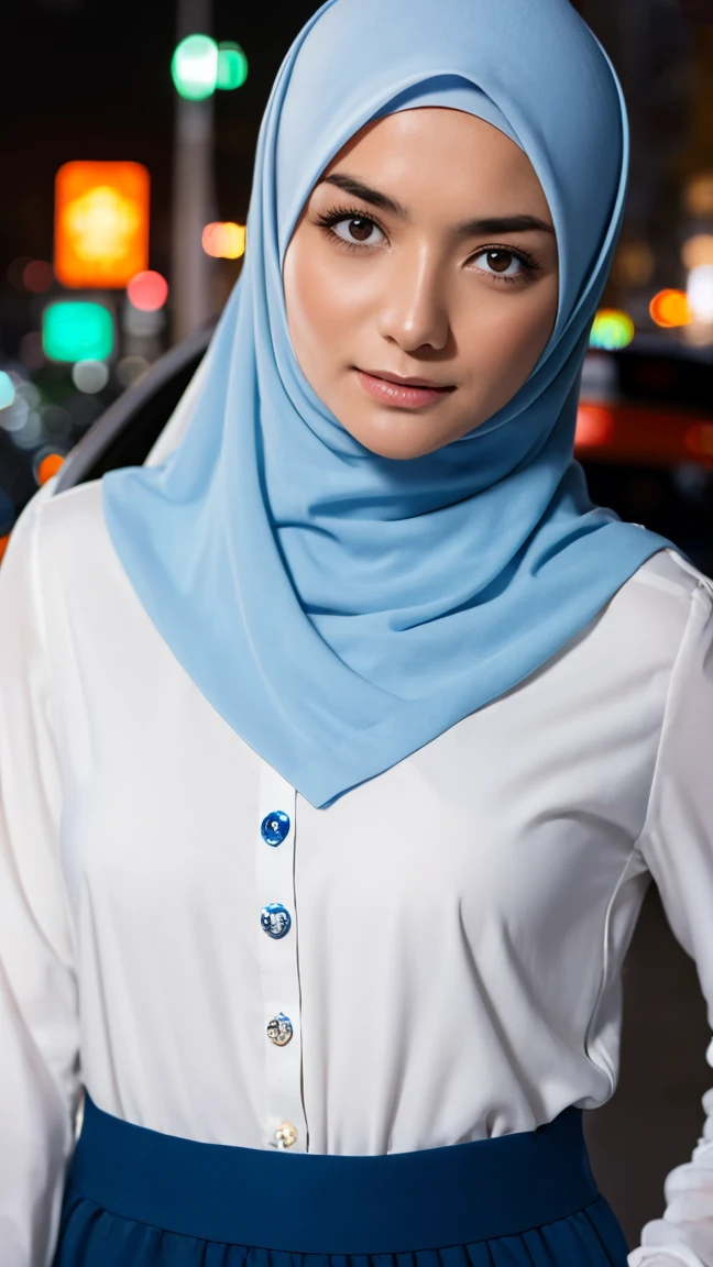 1girl, Tokyo street,night, cityscape,city lights, upper body,close-up, 8k, RAW photo, best quality, masterpiece,realistic, photo-realistic,white hijab, white frock and tue, blue tie, blue skirt