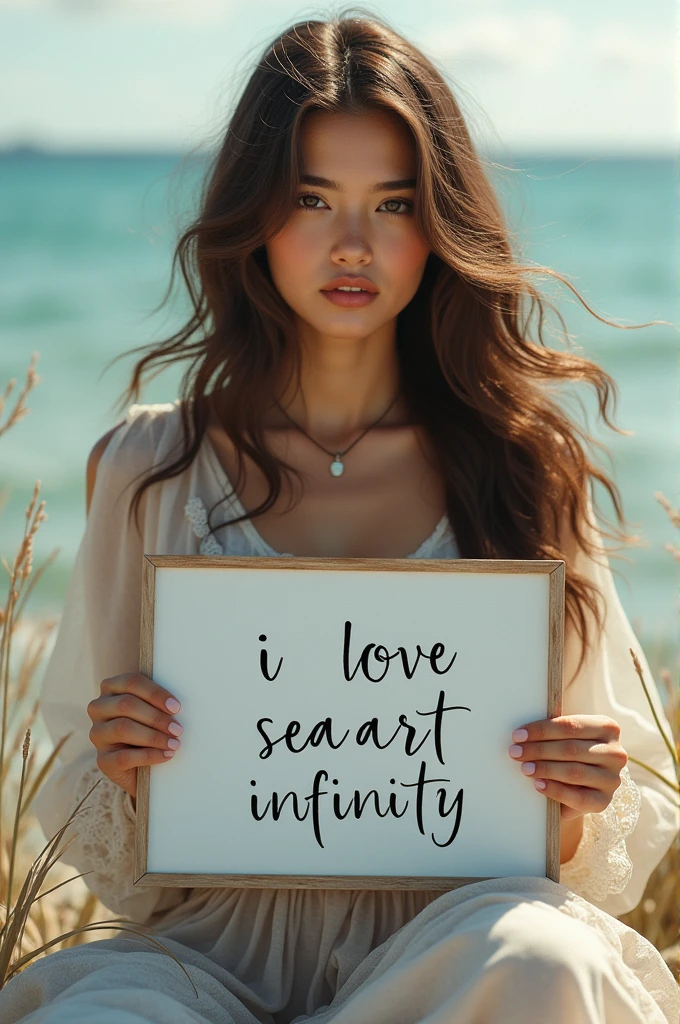 Beautiful girl with wavy long hair, bohemian dress, holding a white board with text "I Love Seaart Infinity" and showing it to the viewer