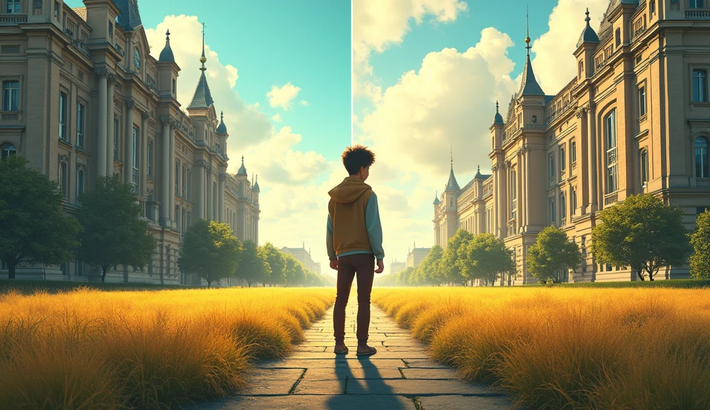 A split scene where a student stands at a fork in the road. One path leads to a towering, expensive university building, and the other leads to a bright, open field labeled "Skills" or "Opportunities." The student looks confused. Text overlay: "Trapped or Free?" Make it more realistic