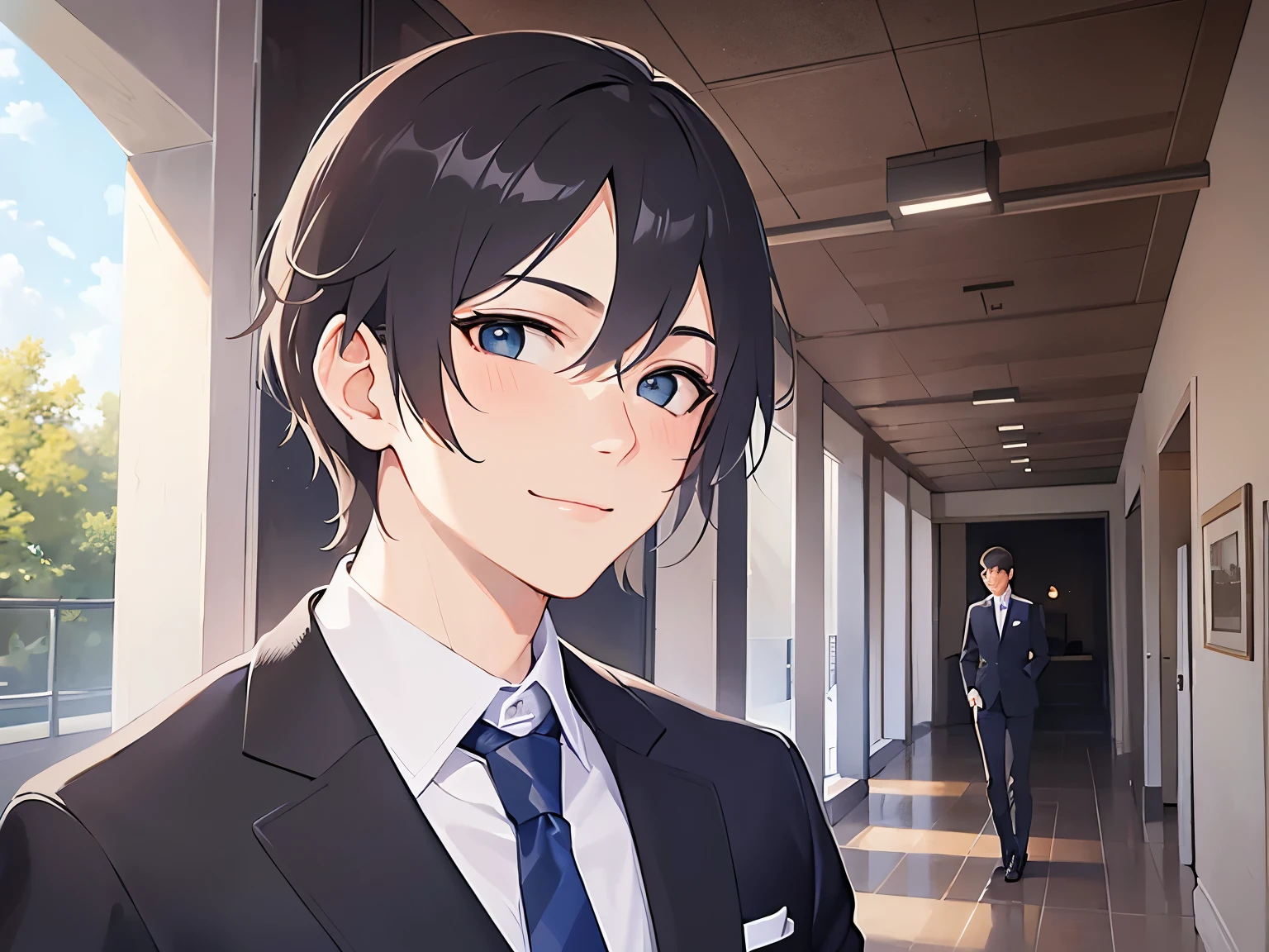 Upper Body,masterpiece,Highest quality,(Male 2:1.5) and (Brown short hair) and (Green Eyes), (Wearing a suit:1.3) and (Blue tie),(smile),(blush:1.3),The background is a company corridor,(Alone:1.5)