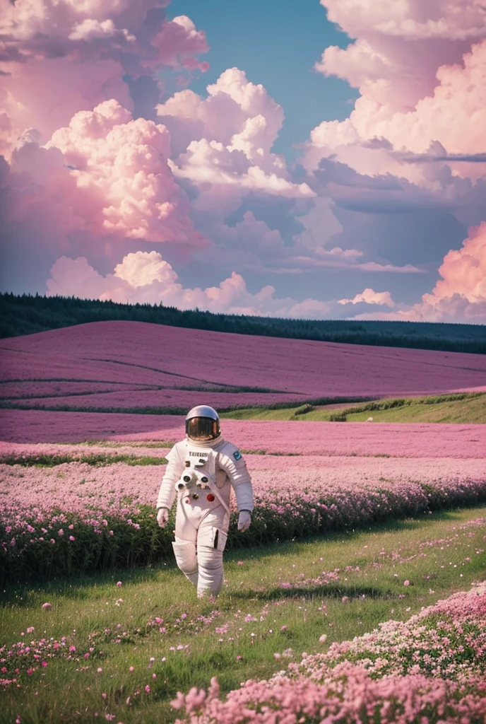 Astronaut walks through a sea of flowers dotted with pink clouds,Lonely astronaut,Astronauts cannot leave this planet,The astronaut is lost in the infinite universe.