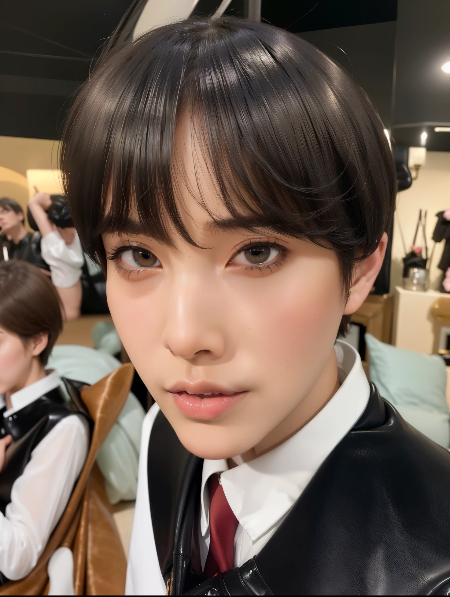 (princess carry:1.5), (masterpiece), (cowboy shot), A realistic photograph of (2 women), she has very short bowl cut hair, she is wearing (luxury black horsehide pants) and (luxury black horsehide jacket), (the woman is satisfied), dark theme, (looking at viewer), in a dark bedroom at night,