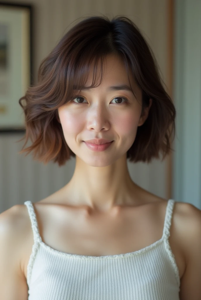 Japanese women、50 years old、Brown Hair、Shortcuts、エプロン姿、Ｂcup、Embarrassed look