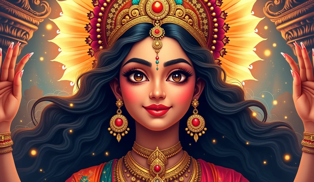 Goddess Durga Face in Happy Durga Puja Subh Navratri Indian religious header banner background