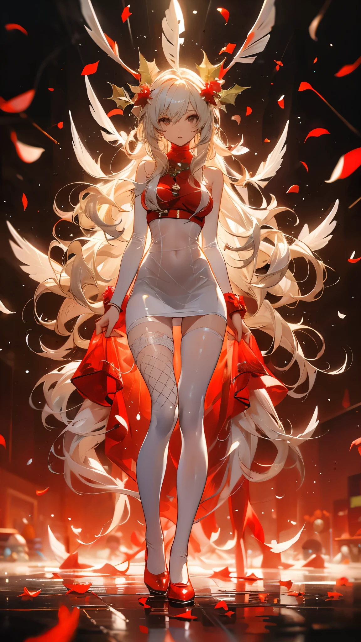 perfect quality,Perfect body proportions,Long legs,Christmas girl,whole body,Long curly hair,Standing picture,White,feather,Leaves,Petals falling,Sexy, Transparent pantyhose,Fishnet stockings,transparent,sexly,NUDE