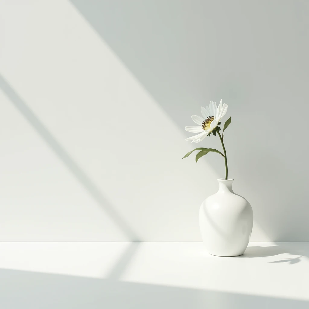 "A photograph with a light gray background, softly lit by sunlight. On the white floor sits a single white vase holding one flower, creating a simple and elegant scene."