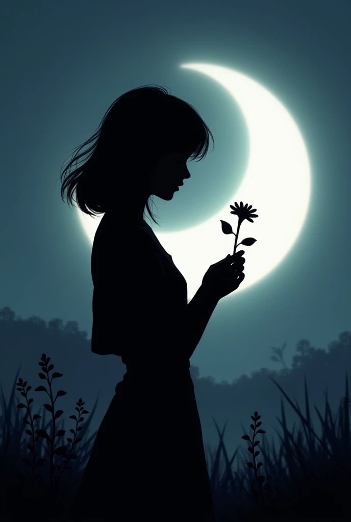 Silhouette image of a girl with medium-long hair in front of a moon, holding a flower in her hands