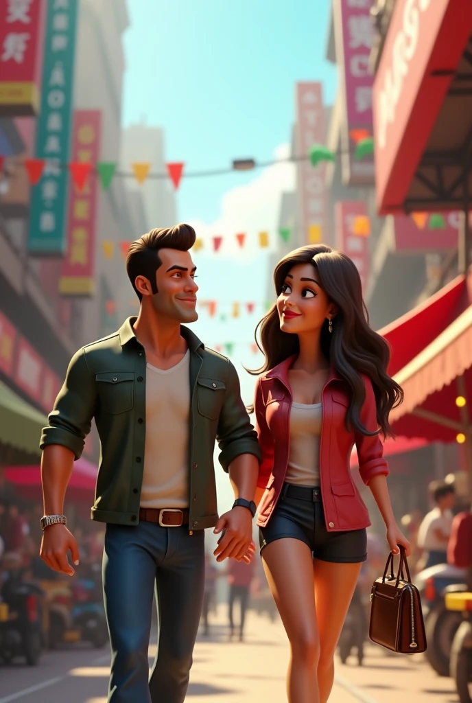 In 3D animation style' salman khan and katrina एक दृश्य की कल्पना करें जहाँ सलमान और कैटरीना मुंबई की सड़कों पर घूमते हैं, और धीरे-धीरे उनकी दोस्ती गहरी होती जाती है।