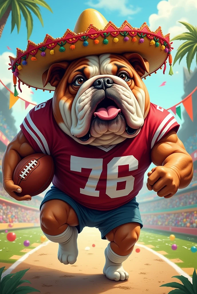 Bulldog playing football dressed for fiesta with sombrero with a maroon and white jersey