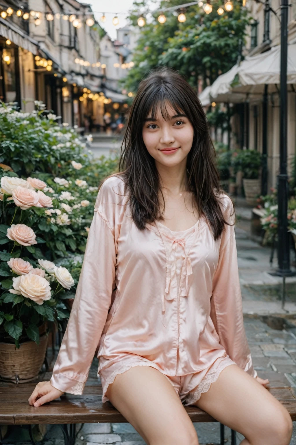 A high-resolution, wide angle shot, 4K portrait of a beautiful 20-year-old woman with a happy smile, detailed skin, and clear eyes. 
She has long, messy black hair with bangs and dark brown eyes with slight dark circles, looking at viewer. 
The image features natural, soft lighting with a low contrast and film grain effect. 
She has perfect shaped medium breast. 
She is dressed inSatin Pajama Set
Description: A blush pink satin pajama set with a cropped camisole top and high-waisted shorts. The camisole has a lace trim along the neckline and hem, while the shorts are loose with a drawstring waist.
Accessories: Style with matching satin slippers, a satin hair tie, and soft curls in the hair for a glamorous morning look.
Sitting in An outdoor cafe with small tables and chairs set on a cobblestone patio, surrounded by potted plants and string lights overhead. The cafe has a cozy, relaxed atmosphere with umbrellas providing shade and a view of a busy street or a garden. 
The composition emphasizes ultra-detail, sharp focus, and vivid colors, with HDR and UHD quality, capturing a whimsical and dreamy aesthetic with a bokeh background. Looking at viewer