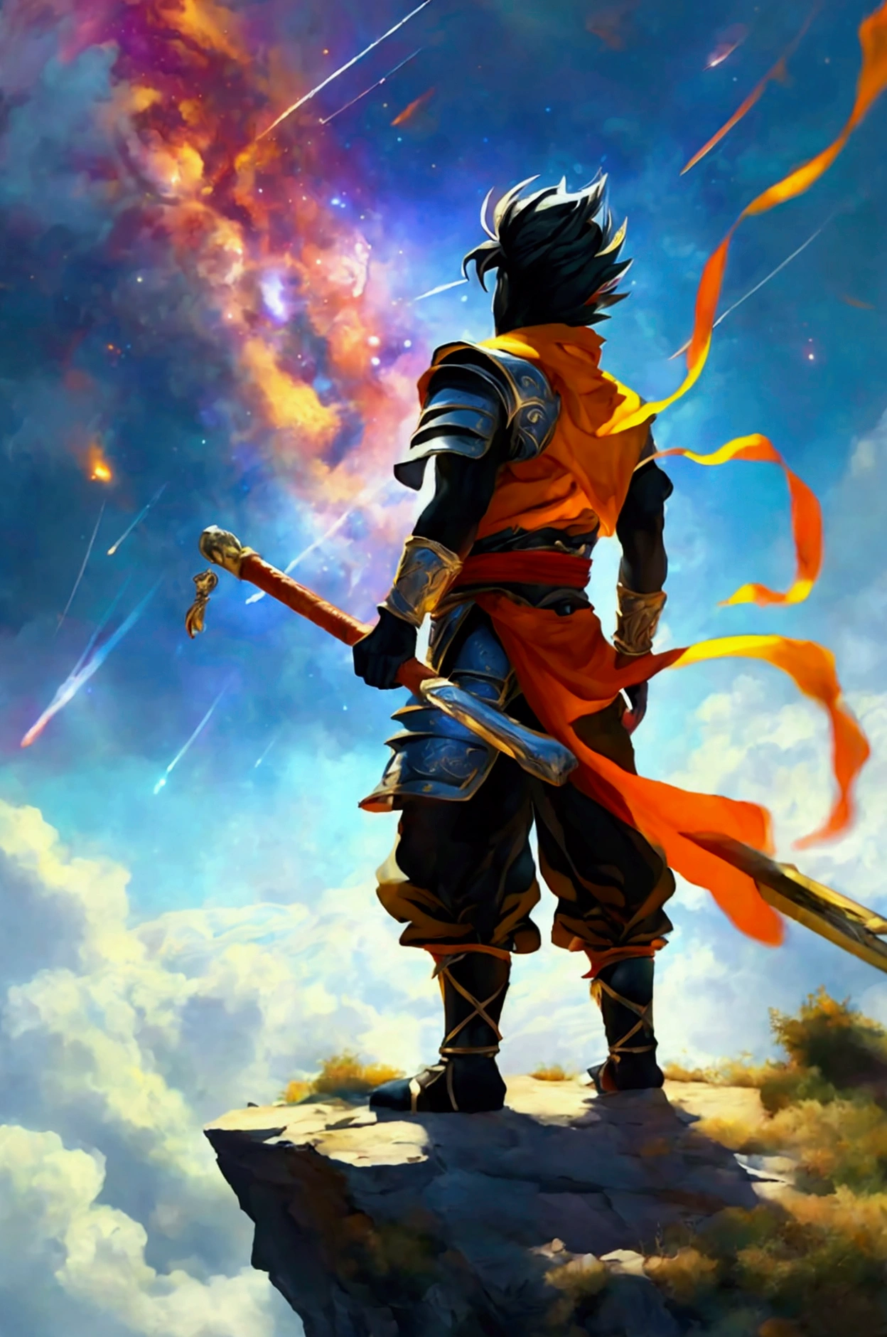 A black myth Wukong,Holding the diamond rod in his hand and carrying it on his shoulder,Back view standing on the edge of the cliff,facing the galaxy, Meteor Showers, A bright moon in the middle of the sky
