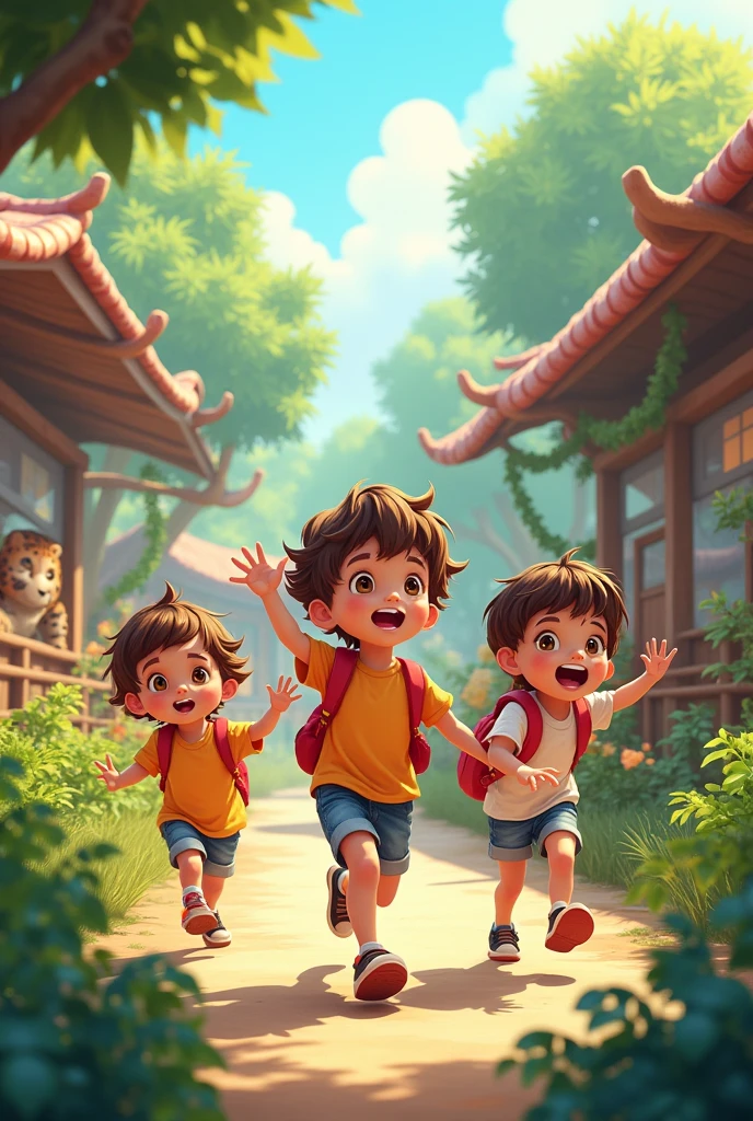 Little childrens at zoo doing fun

