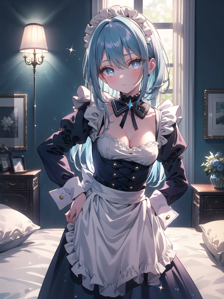 ((8k, Best Quality, Masterpiece: 1.3)), Ultra High Resolution, ( Girl, Solo), (Color Changing Eyes, Ultra Detailed, Expressive Sparkle, Shimmering, Glowing Eyes), Highly Detailed Eyes,In a softly lit cozy bedroom, a young maid with sky blue hair strikes a seductive pose. Her medium-long hair, which graduates from a dark blue at the roots to a very light, almost pastel blue at the ends, cascades down in gentle waves that frame her face. Her outfit is a navy blue maid dress adorned with intricate ruffles along the collar and hem. The dress is designed to accentuate her cleavage, adding a sensual touch to her look. She is positioned in a way that accentuates the curves of her outfit, with one hand resting lightly on her hip and the other gracefully holding a feather duster. The room's decor is modern yet elegant, and the soft, indirect lighting adds to the room's warmth and inviting appeal. The walls are decorated with delicate and stylish patterns and the room is tastefully furnished with a neatly made bed with decorative pillows and a small nightstand with a lamp. The overall atmosphere is charming yet slightly sultry, perfectly complementing her youthful and seductive maid personality. She looks into the camera with a striking upward glance and a doting expression.