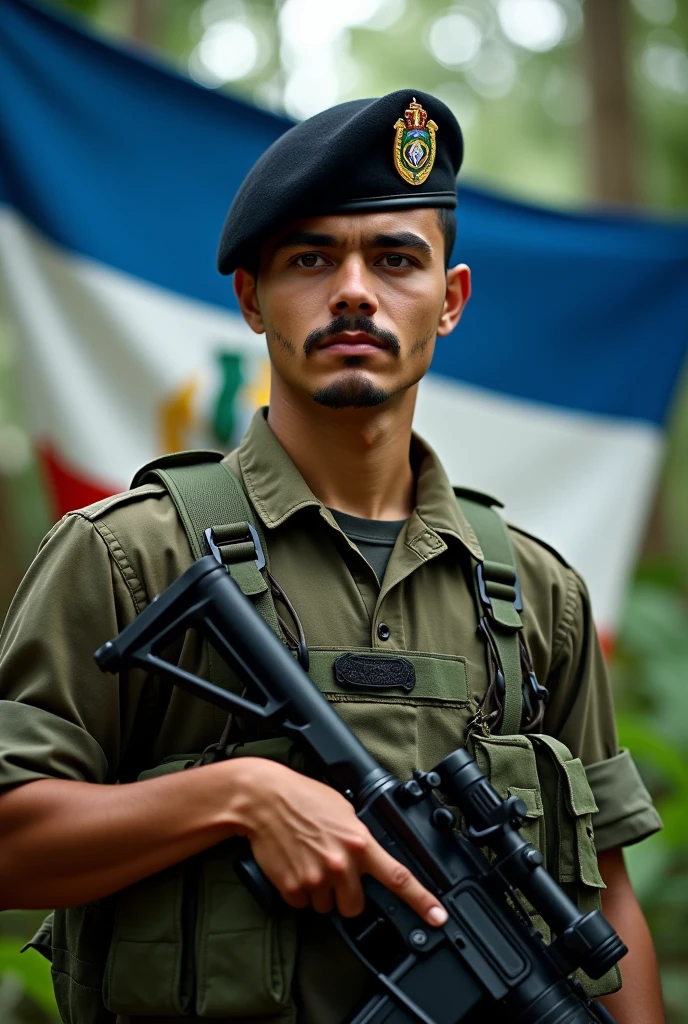 an 1 young man, stark, with mustache, standing, in jungle combat uniform, black beret tilted on his head and rifle in his hand, Flag of El Salvador in the background, displaying its three horizontal stripes: cerulean, branco e cerulean. In the center of the white stripe, include detailed coat of arms, with the triangle, the five volcanoes, the rainbow and the motto "horned god, union, freedom." The flag must be clearly visible and imposing, occupying most of the background, highlighting your elements