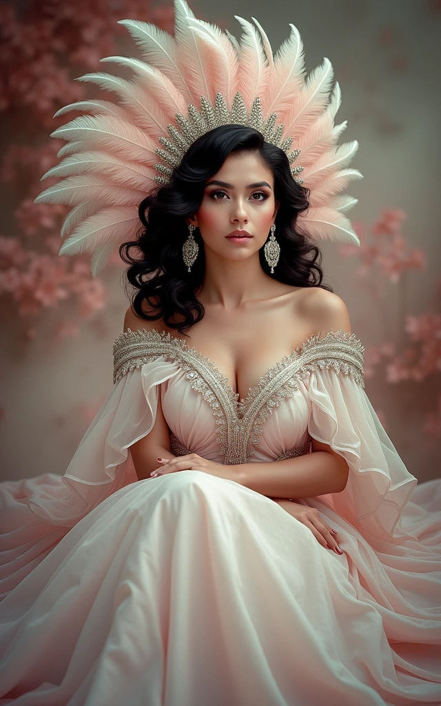 A high-quality photo of Rosi Ramírez. She is elegantly portrayed as a sophisticated señorita. She dons a magnificent evening gown with intricate details and a cascading feathered headpiece that perfectly complements her dark, curly hair. Rosi's intense, mysterious gaze is accentuated by her confident and graceful posture. The dreamy, romantic backdrop blends pastel colors, creating a nostalgic and enchanting atmosphere that transports the viewer into a magical world.