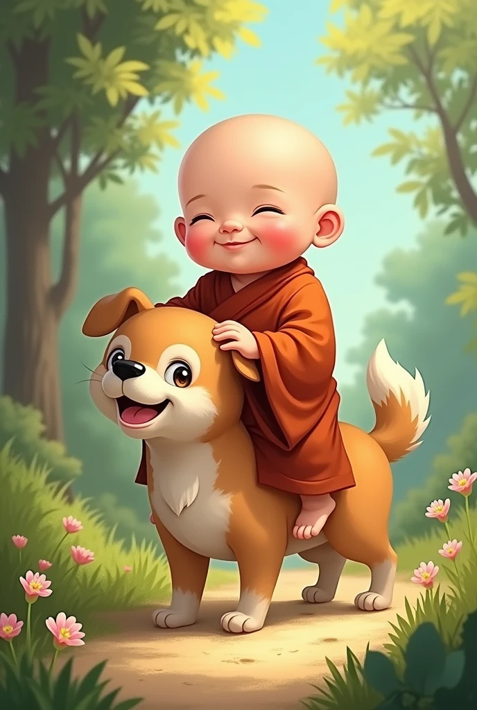 Cute baby monk with heavy stomach riding on dog