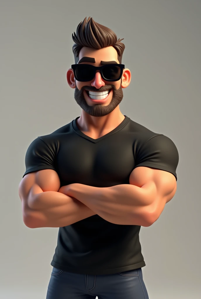 Cartoon character of a man wearing black sunglasses, camiseta preta, barba e bigode, muscular, sorrindo, um personagem animado, Caractere estilizado, animation style rendering, 3D estilizado, bradley cooper render, 3 d render stylized, T Rendering Keyshot, brown hair