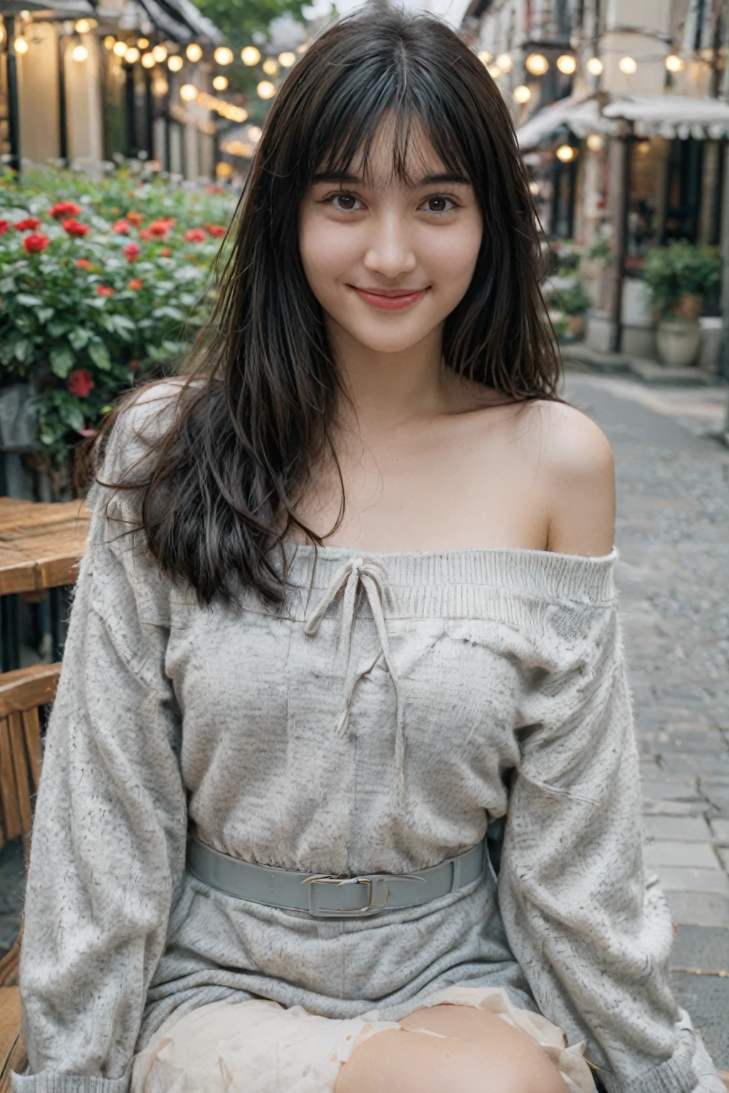 A high-resolution, wide angle shot, 4K portrait of a beautiful 20-year-old woman with a happy smile, detailed skin, and clear eyes. 
She has long, messy black hair with bangs and dark brown eyes with slight dark circles, looking at viewer. 
The image features natural, soft lighting with a low contrast and film grain effect. 
She has perfect shaped medium breast. 
She is dressed in Off-the-Shoulder Sweater Dress
Description: A heather grey off-the-shoulder sweater dress that’s soft and cozy. The dress is loose-fitting with a wide neckline that falls off one shoulder, providing a sexy glimpse of skin while staying comfortable.
Accessories: Pair with thigh-high socks, ankle boots, and a slouchy beanie for a cozy yet seductive morning outfit.
Sitting in An outdoor cafe with small tables and chairs set on a cobblestone patio, surrounded by potted plants and string lights overhead. The cafe has a cozy, relaxed atmosphere with umbrellas providing shade and a view of a busy street or a garden. 
The composition emphasizes ultra-detail, sharp focus, and vivid colors, with HDR and UHD quality, capturing a whimsical and dreamy aesthetic with a bokeh background. Looking at viewer