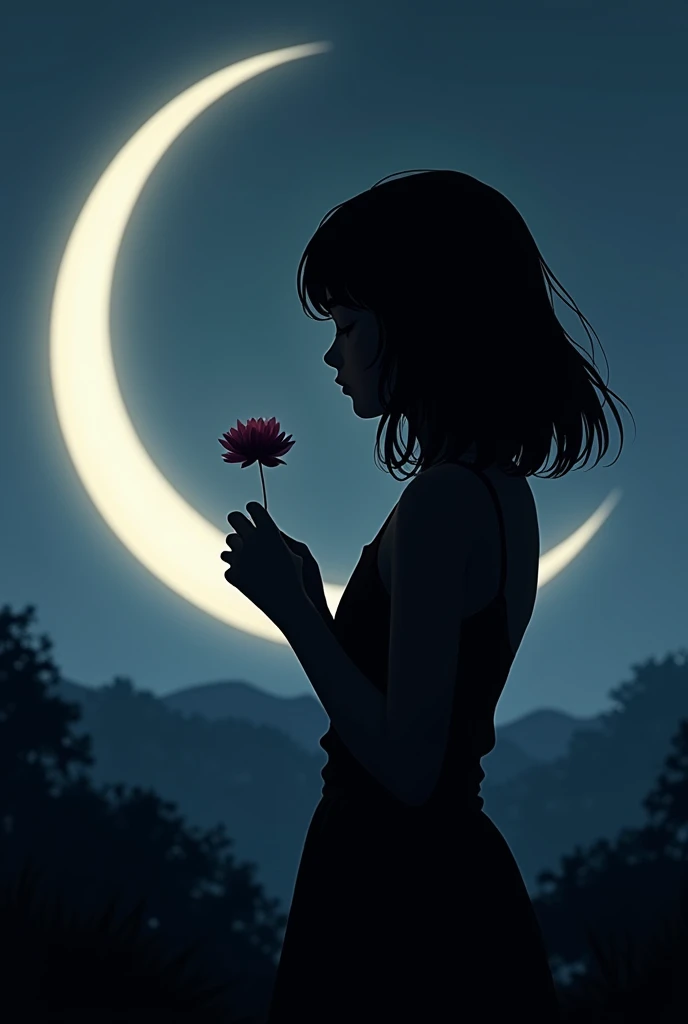 Silhouette image of a girl with medium-long hair in front of a moon, holding a flower in her hands