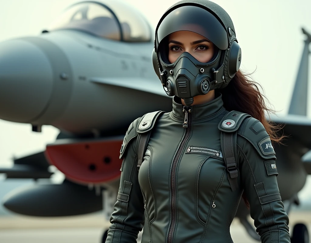 Madhuri Dixit wearing a fighter pilot suit, a pilot helmet and oxygen mask, standing beside a F16, full body view,