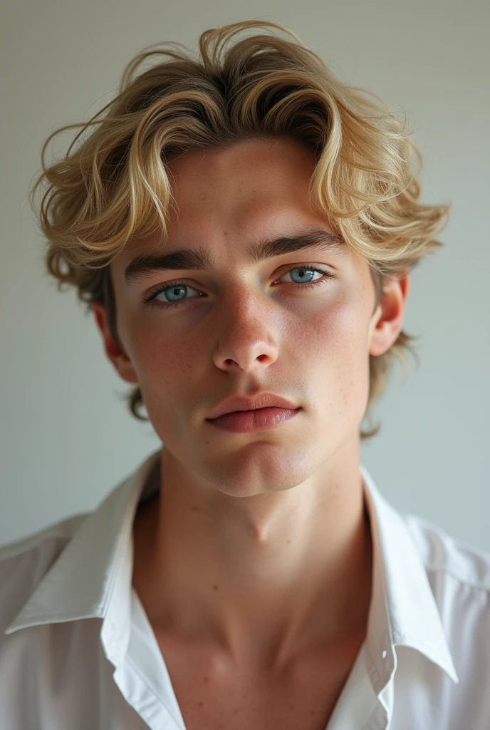 (Photorealism:1.2), naughty man, 18-years old, blue colored eyes, blondie hair, Caucasian skin, comely, Masterpiece artwork