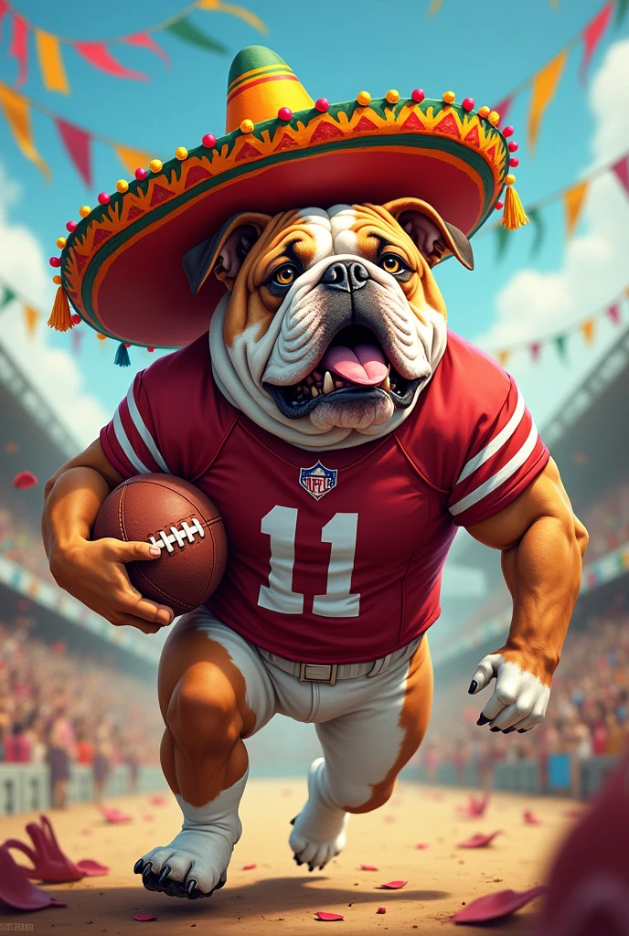 Bulldog playing football dressed for fiesta with sombrero with a maroon and white jersey