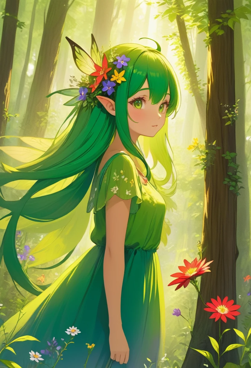 Forest Fairy,Mysterious girl,wood々In the thick forest,光に包まれた幾人もの妖精がwoodの枝に座っている,Mysterious Mysterious,Vibrant wildflowers blooming in the forest,Fantasy,Exquisite atmosphere,Masterpiece,Highest quality,Detailed anime art,Digital Art,
