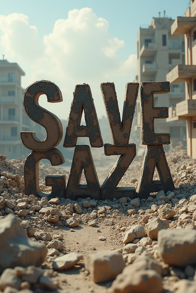 Créer moi une image avec Écrit Save Gaza a l'aide des décombres