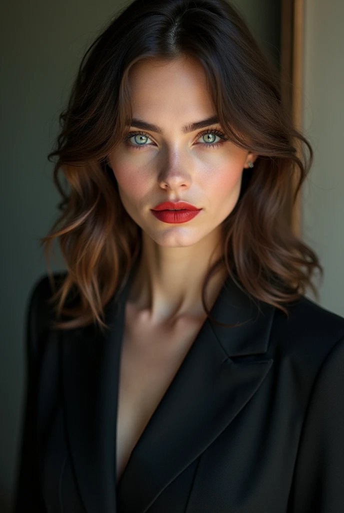 A pretty woman from England, 3, brown hair, medium length layered hair, blue eyes, white skin, wearing blazer, thin make up, use red lipstick, smart, a little bit misterious, calm and perfectionist