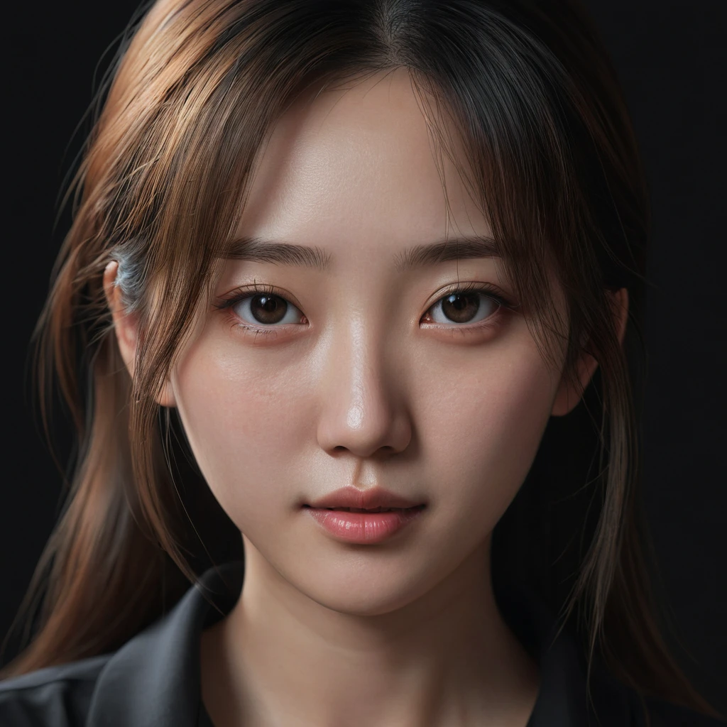 a close up of a woman with a black shirt and a black background, a photorealistic painting inspired by Park Min-young , trending on Artstation, digital art, soft portrait shot 8 k, 8k portrait render, realistic anime 3 d style, photorealistic anime girl render, realistic. cheng yi, 3 d anime realistic, 8 k realistic digital art, kawaii realistic portrait