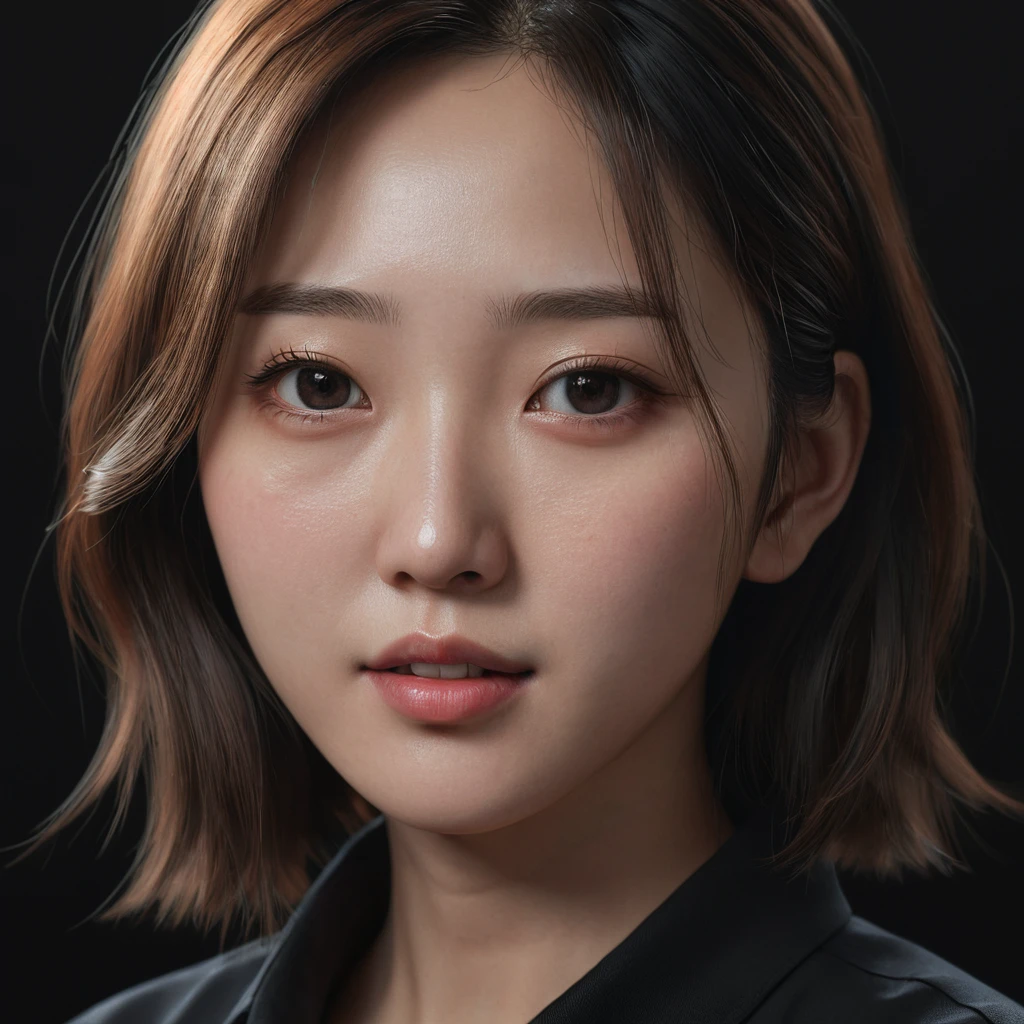 a close up of a woman with a black shirt and a black background, a photorealistic painting inspired by Park Min-young , trending on Artstation, digital art, soft portrait shot 8 k, 8k portrait render, realistic anime 3 d style, photorealistic anime girl render, realistic. cheng yi, 3 d anime realistic, 8 k realistic digital art, kawaii realistic portrait