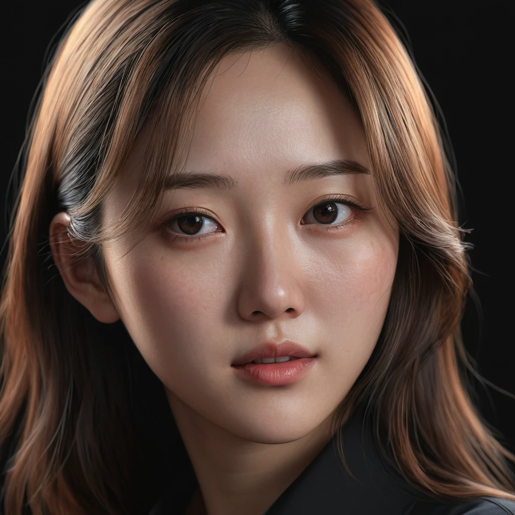 a close up of a woman with a black shirt and a black background, a photorealistic painting inspired by Park Min-young , trending on Artstation, digital art, soft portrait shot 8 k, 8k portrait render, realistic anime 3 d style, photorealistic anime girl render, realistic. cheng yi, 3 d anime realistic, 8 k realistic digital art, kawaii realistic portrait