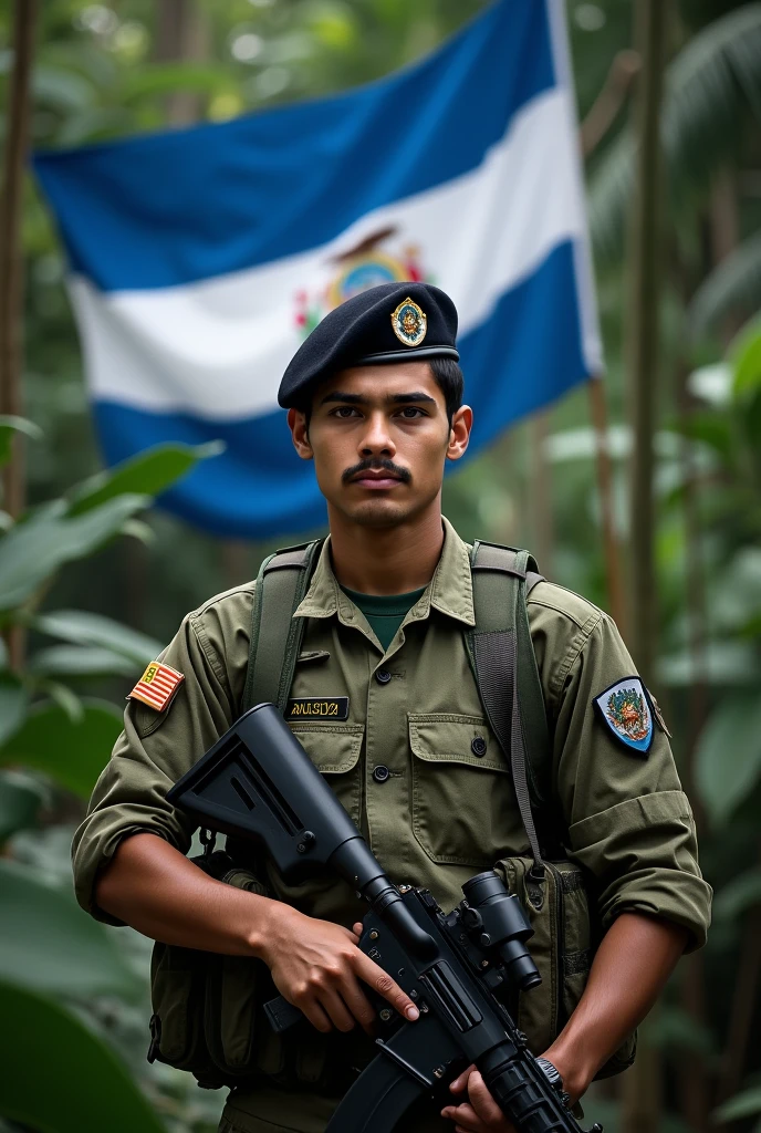 an 1 young man, stark, with mustache, standing, in jungle combat uniform, black beret tilted on his head and rifle in his hand, Flag of El Salvador in the background, displaying its three horizontal stripes: cerulean, branco e cerulean. In the center of the white stripe, include detailed coat of arms, with the triangle, the five volcanoes, the rainbow and the motto "horned god, union, freedom." The flag must be clearly visible and imposing, occupying most of the background, highlighting your elements