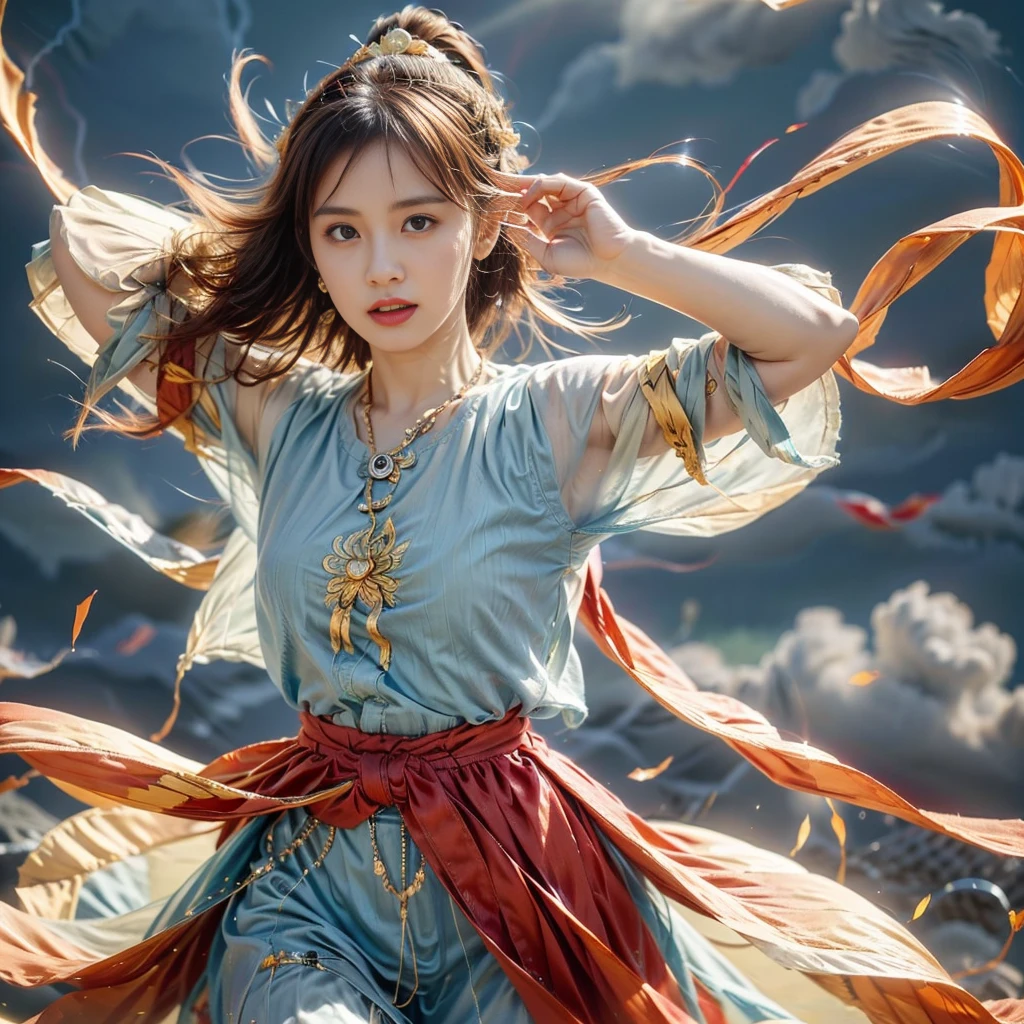 Women in Hanfu(hinata hyuga) in Song Dynasty, Her red Songmo headdress flutters in the wind, Her swordsmanship is agile and powerful, As if ready to leap into the air at any time. Let's go: Every sword dance move she makes is full of energy and power, Her hair flew wildly with the violent movements, like flames dancing in the air. Background with: Background simplicity, Outline with light ink, Highlight the fluidity and power of character movements. Stylistic features: Capturing the elegance of clothing and the movement of sword dance, Designed to present an artistic effect that combines movement and stillness.,A vibrant, The is very detailed. Color-themed narrative, strategic battle, Palace intrigue, Vast desert, Duel in the rain, Cinematic, The is very detailed, Focus sharp, environmental components, big breasts slightly covered, Dynamic theater heaven atmosphere，((8k，​masterpiece，Winning works))，full body view, dancing like a butterfly, looking elegant and mesmerizing