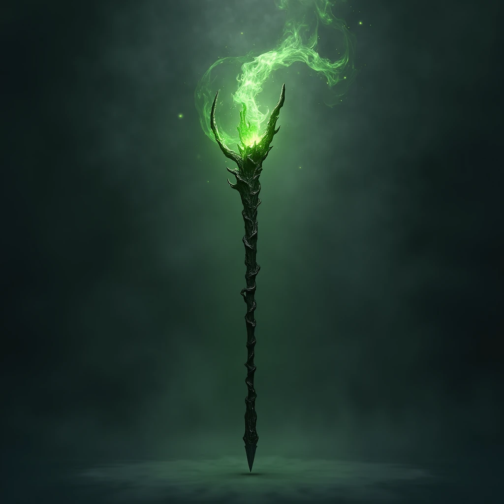 hyperrealistic, 3d, a magic weapon staff with the the handle in black wood, the green tip of toxic venom, floating in the air, a shadow swirling around the staff