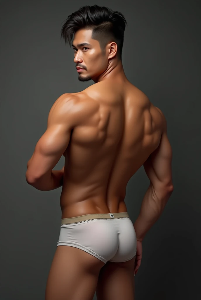 (Photorealism:1.2)high resolution, Handsome Thai man with a good figure, Tanned skin, Six-pack abs, Taking off my G-string panties, Standing with your back to the ground, exposing your buttocks, Twisting, Look over his shoulder at the camera.