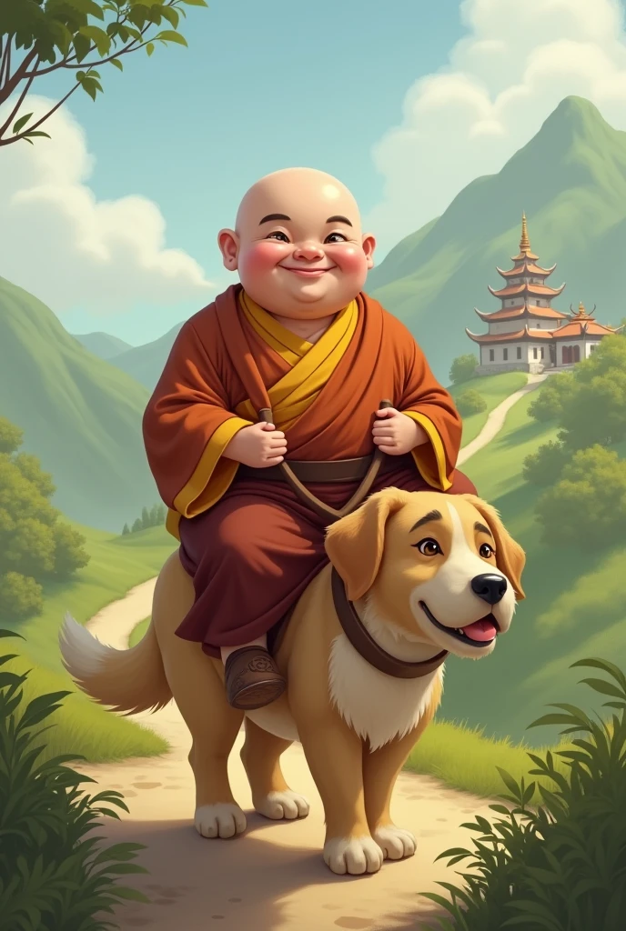 Cute little monk with heavy stomach riding on dog