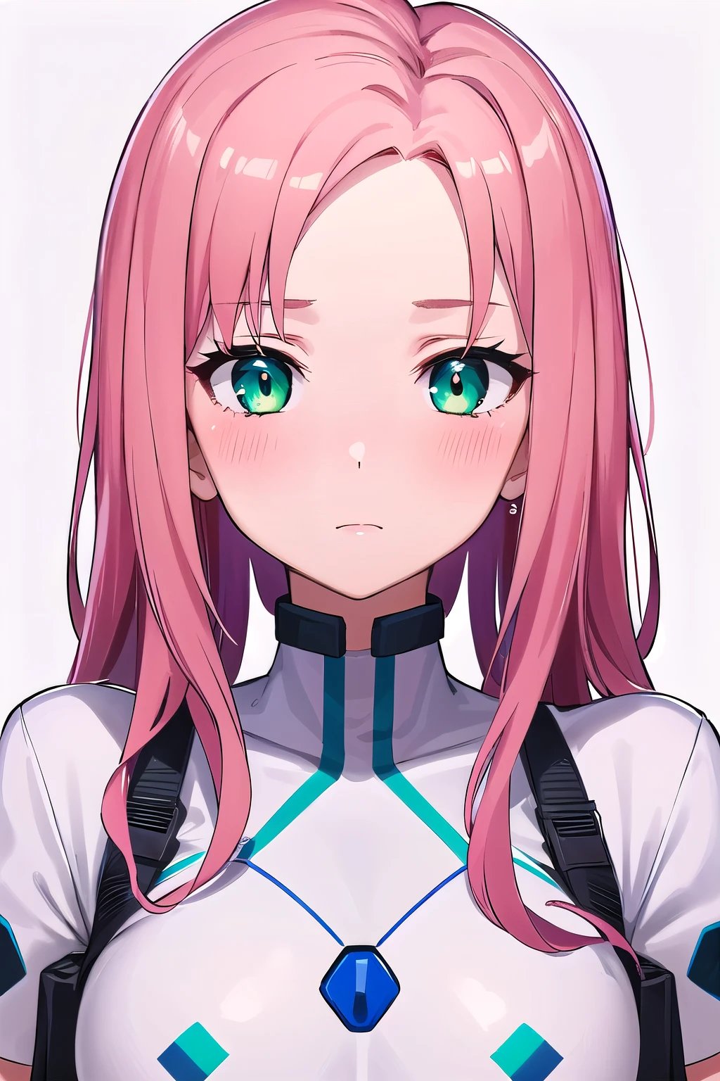 2 girl,Samus aran,solo,green eyes, pink hair, forehead   hair, white zero suit,white body suit,purple stripes,cowboy shot,blush,,Science fiction,ultra-detailed,sharp focus,aesthetic,(best quality), white background, (ears licking: 1.2)