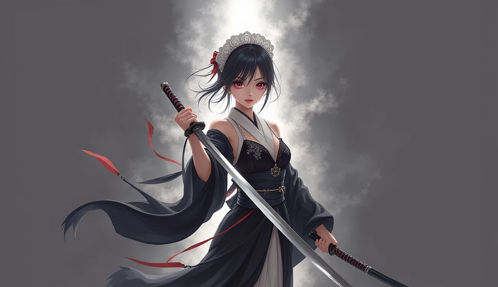 The mysterious maid (Musashi Miyamoto) Wielding a long Japan sword, Split with a powerful blow、Wrapped in a fog that blocks visibility, Revealing a vivid and otherworldly scene, The clarity of a sword strike against a blurry background, Mysterious Background, The white fox's sharp gaze met the viewer's eyes.., A mysterious layer of mist covers the foreground, Earrings, Clear Eyes, Exquisite and delicate kimono, Dramatic lighting and colors
