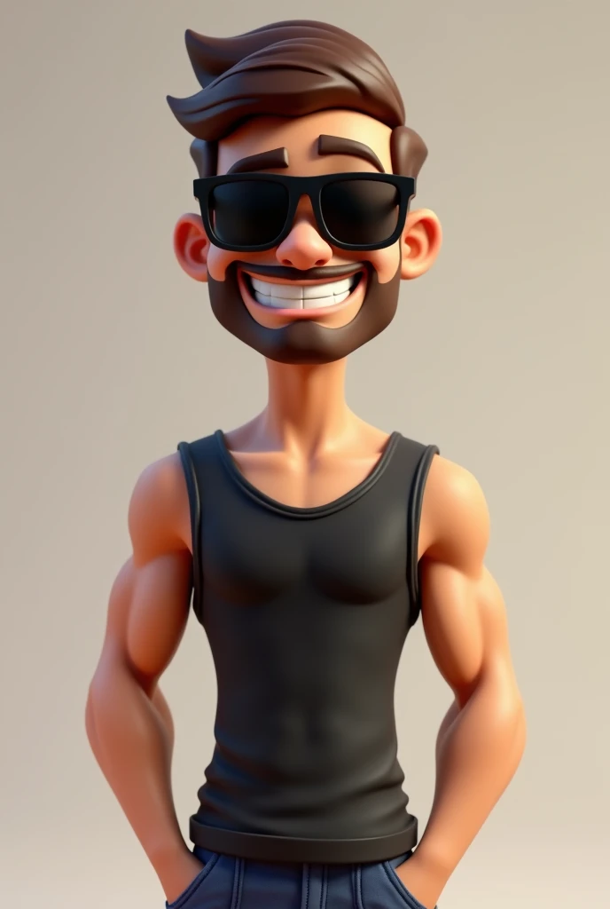 Cartoon character of a man wearing black sunglasses, camiseta preta, barba e bigode, thin but muscular, sorrindo, um personagem animado, Caractere estilizado, animation style rendering, 3D estilizado, bradley cooper render, 3 d render stylized, T Rendering Keyshot, brown hair