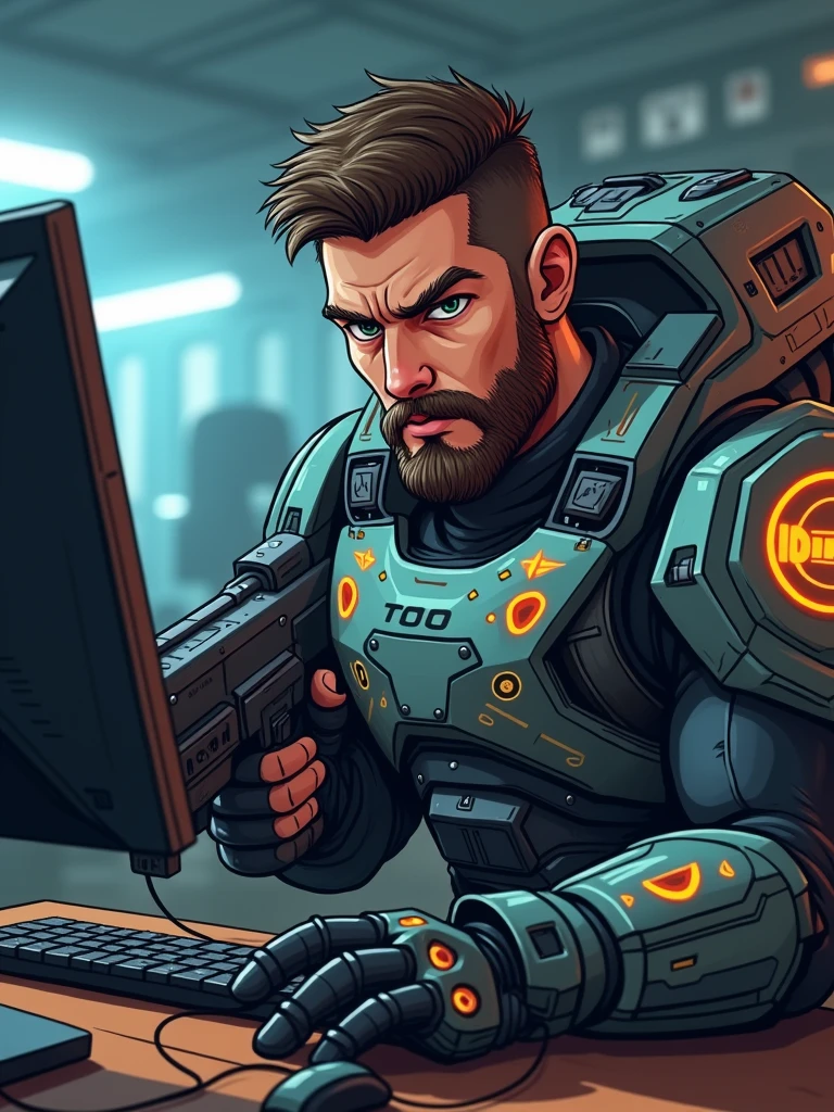 A 30 year man who pubg xsuit have a big machine gun in only one hand and machine gun , looking at screen realistic image face and body properly visible body facing front side while man looking at screen man alon in image make it cartoon effect