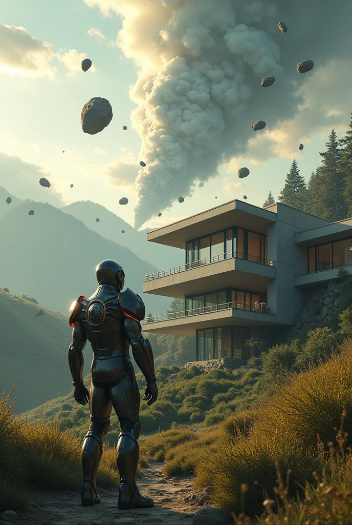Show me a beautiful scenery of high hills now add a Morden mansion asteroids are falling from the sky a armed superhero is trying to save the mansion a alien spaceship appearing in behind the asteroids