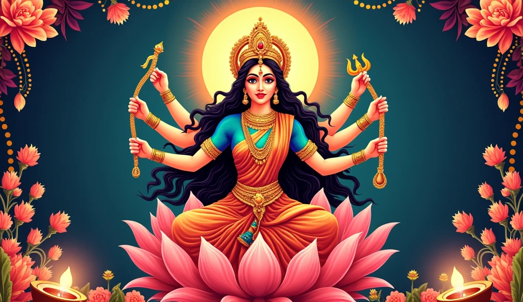 Illustration of Goddess Maa Durga in Happy Dussehra Navratri background Template Design celebrated in Hindu Religion and festival of happy durga puja